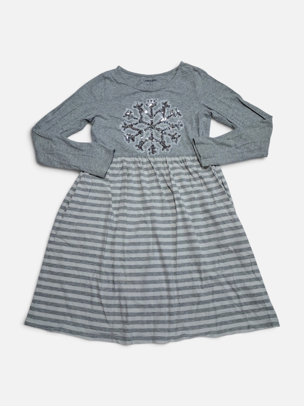 Lands' End Gray Long-Sleeve Dress with Sequin Snowflake